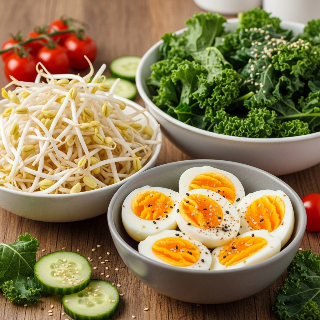 A vibrant, balanced meal with various fresh ingredients. On a wooden table, there are bowls containing fresh soybean sprouts, cooked eggs, and bright green kale leaves. The overall setting is natural and appetizing, emphasizing healthy eating. No text on the image.