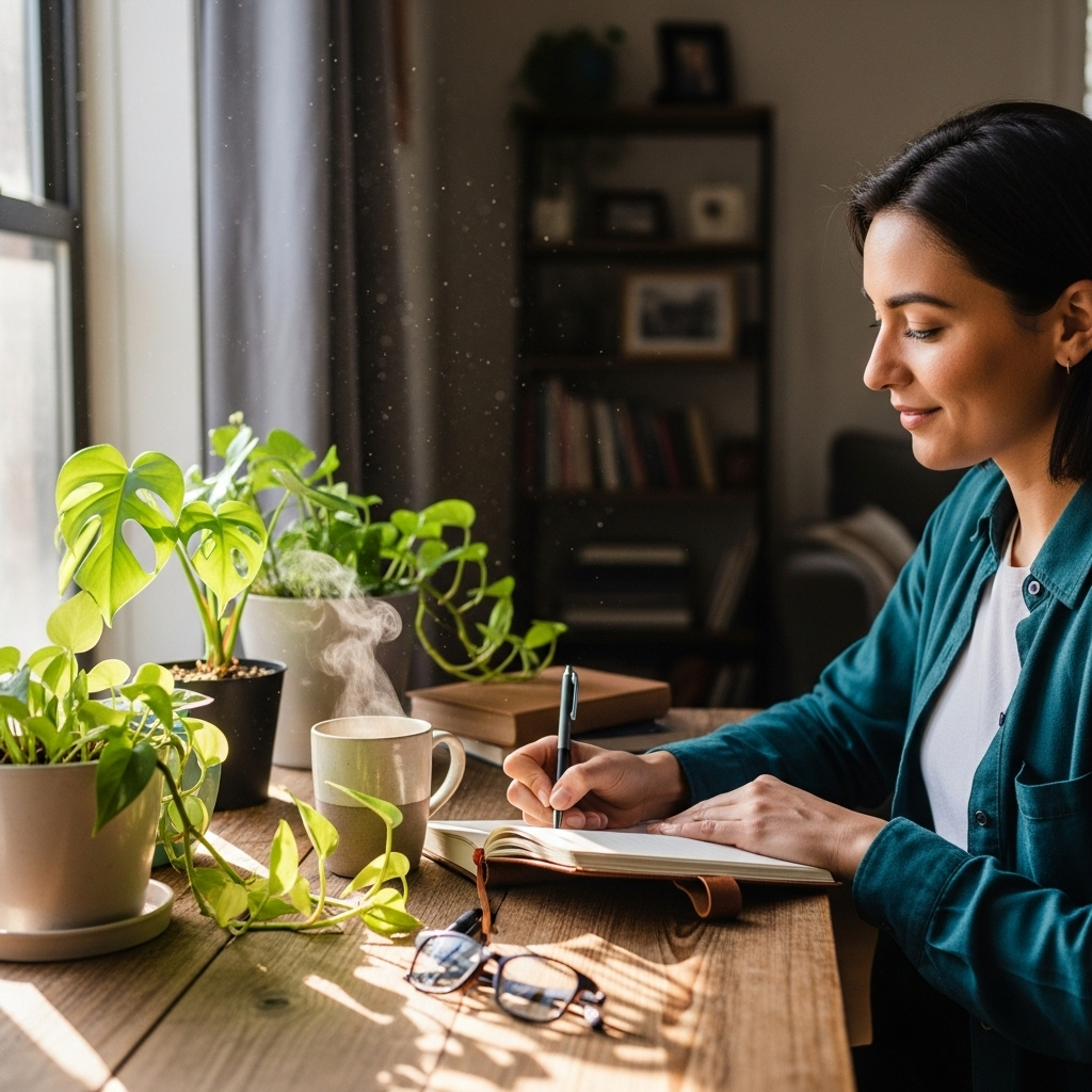 A person writing in a journal at a cozy desk with plants and natural lighting, symbolizing self-reflection and goal setting for healthy habits 21일의 기적: 건강한 습관 형성을 위한 마인드셋 완전정복