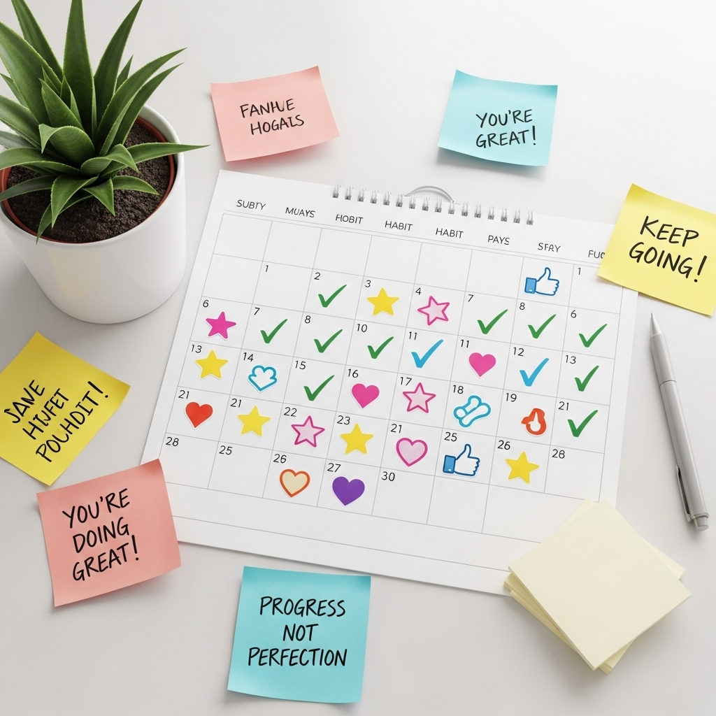 A calendar with check marks and colorful stickers marking successful habit days, surrounded by motivational elements like plants and positive notes 21일의 기적: 건강한 습관 형성을 위한 마인드셋 완전정복