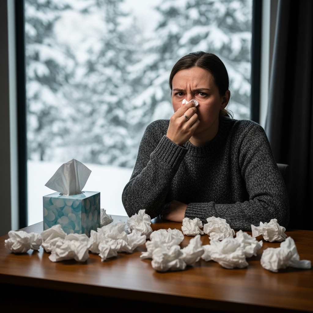 A person sitting at a desk with tissues scattered around, holding their nose with a frustrated expression, winter scene visible through the window 맑은 콧물 멈추는 5가지 방법과 원인 분석