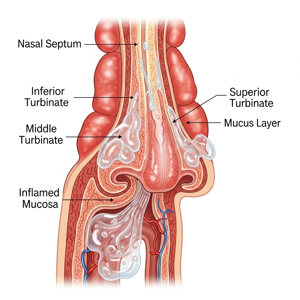 Close-up illustration of nasal cavity showing inflamed tissues and clear mucus production, medical diagram style 맑은 콧물 멈추는 5가지 방법과 원인 분석