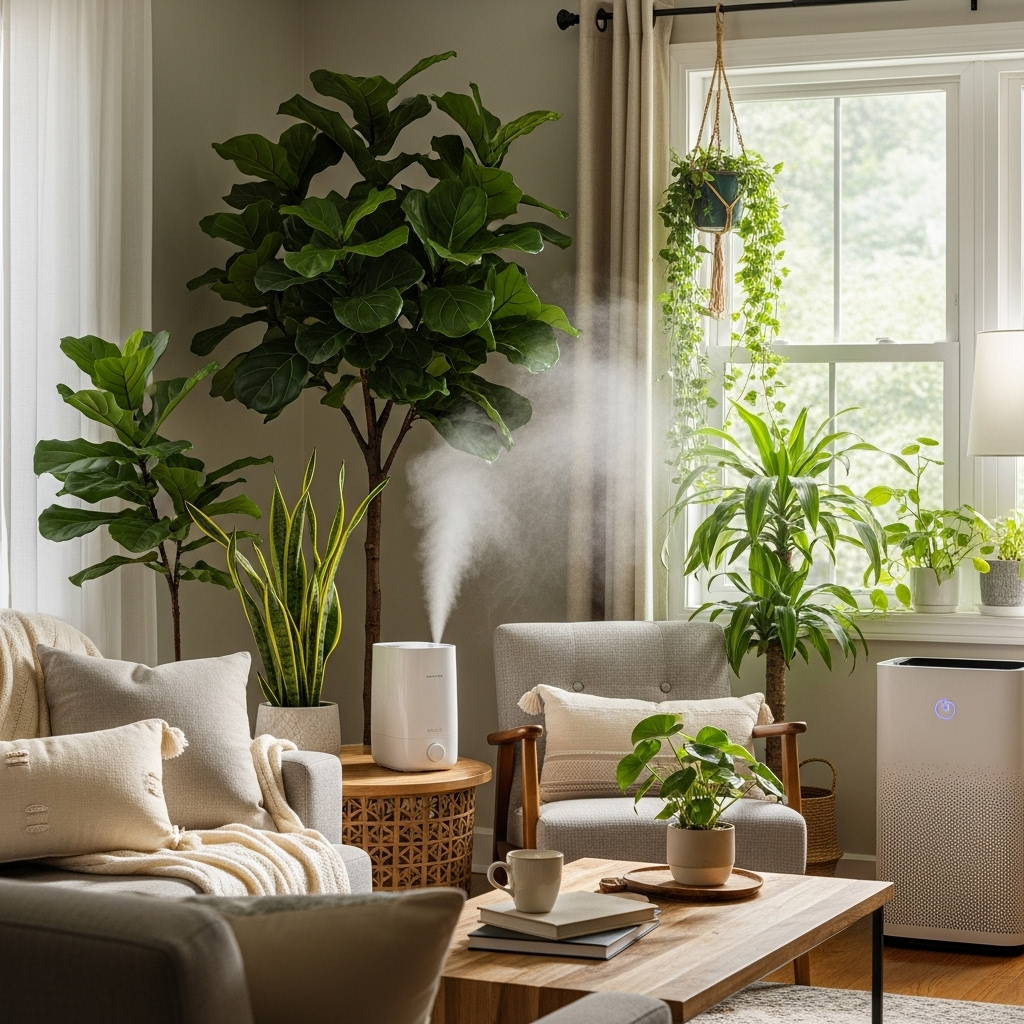 A cozy living room with a humidifier running, air purifier in the corner, and plants around, showing optimal indoor environment for nasal health 맑은 콧물 멈추는 5가지 방법과 원인 분석