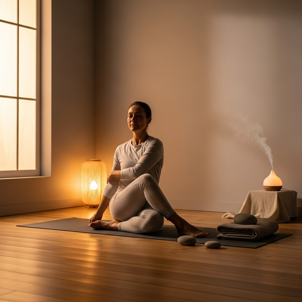A person doing gentle yoga poses in a peaceful room with soft lighting, showing stress management and healthy lifestyle 맑은 콧물 멈추는 5가지 방법과 원인 분석