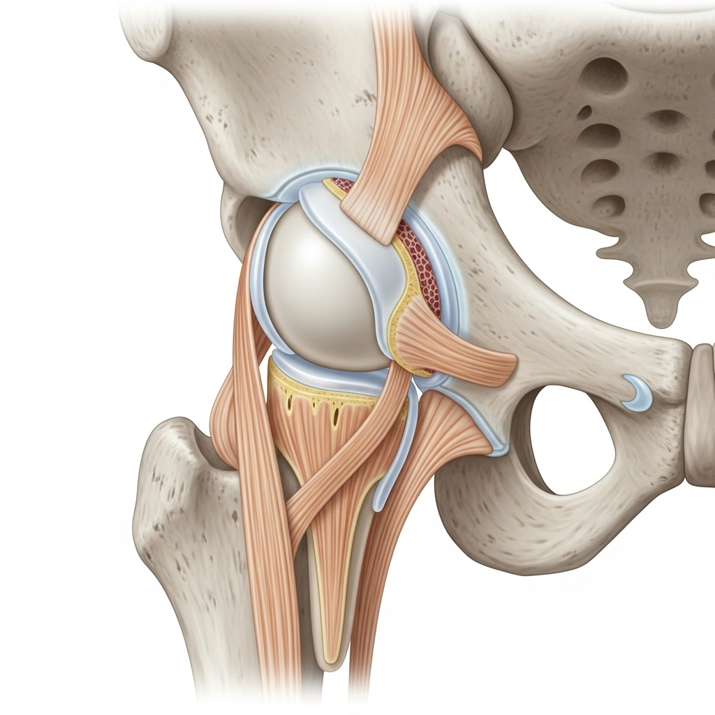 A detailed illustration of a human hip joint, showing the femur head fitting into the acetabulum of the pelvis, with surrounding ligaments and cartilage. The illustration should be clear and informative, without any text. The background is a clean, medical-style white or light blue. 고관절통증, 혹시 나도? 의외의 5가지 원인과 예방법