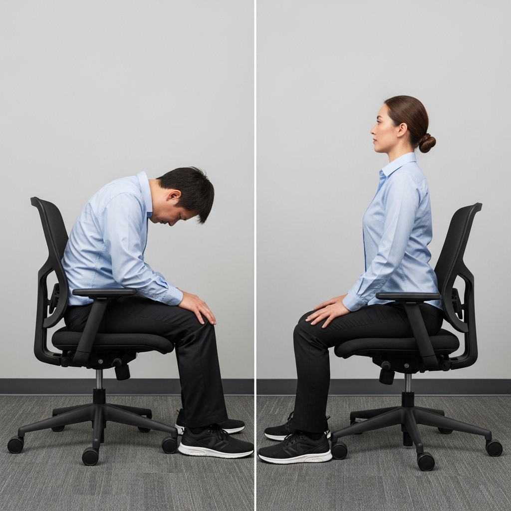 A person sitting on a chair, demonstrating a poor posture (slouching, legs crossed) on one side and a correct, upright posture with feet flat on the ground on the other side. The image clearly illustrates the contrast between good and bad sitting habits, without any text. 고관절통증, 혹시 나도? 의외의 5가지 원인과 예방법
