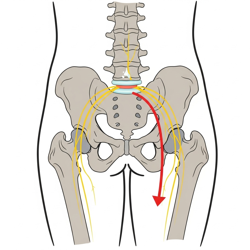 A simplified diagram showing the lower back and hip area, with an arrow pointing from the lumbar spine (highlighting a herniated disc pressing on a nerve) down towards the hip and leg area, illustrating referred pain. The image should be anatomically suggestive but not overly complex, without text. 고관절통증, 혹시 나도? 의외의 5가지 원인과 예방법