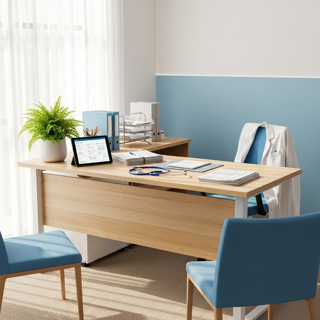 A serene medical consultation room with soft lighting, showing a doctor's desk with stethoscope, medical charts, and calming blue color scheme 흉부압박감 원인과 대처법 총정리 5가지