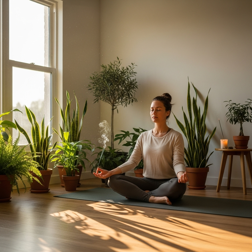 A peaceful yoga or meditation scene with a person sitting in a comfortable position, surrounded by plants and natural light, representing stress relief and relaxation 흉부압박감 원인과 대처법 총정리 5가지