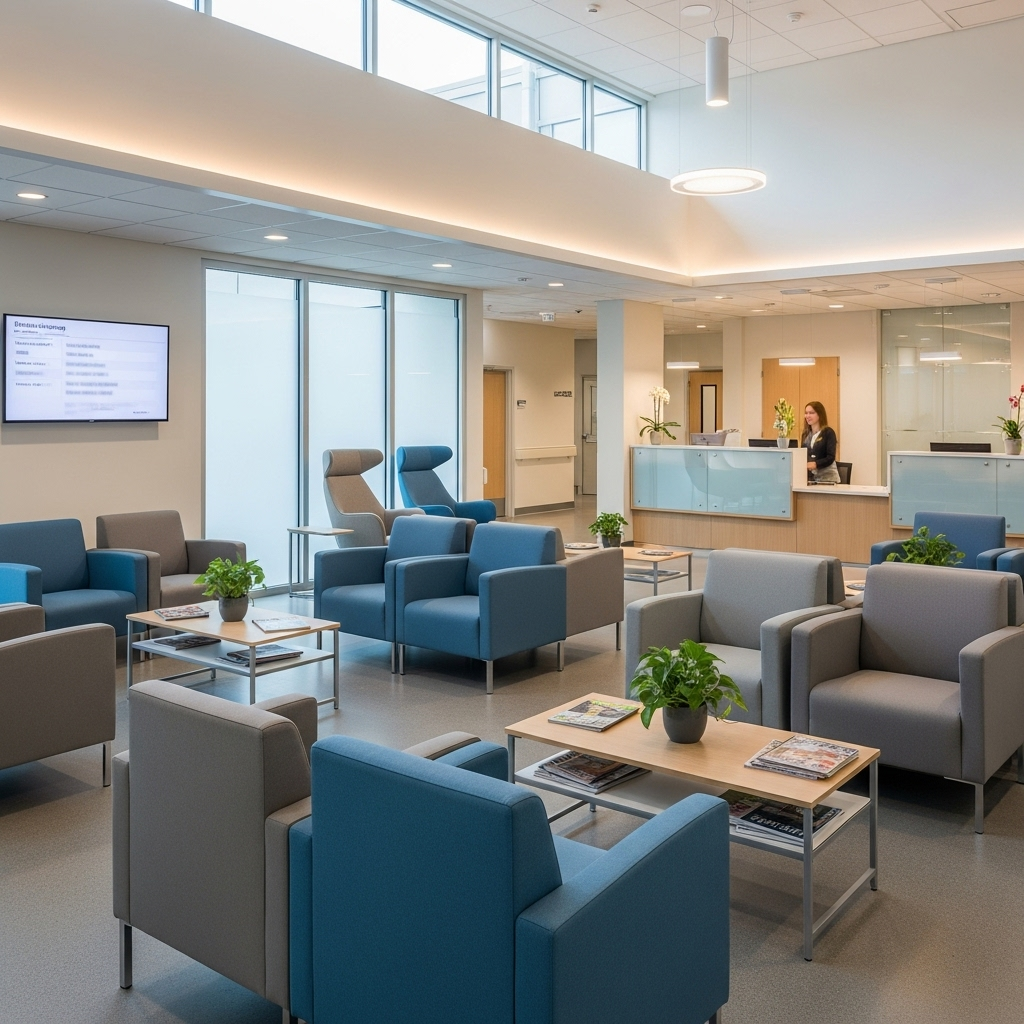 A modern medical facility waiting area with comfortable seating, natural lighting, and calming atmosphere, showing a healthcare environment 흉부압박감 원인과 대처법 총정리 5가지