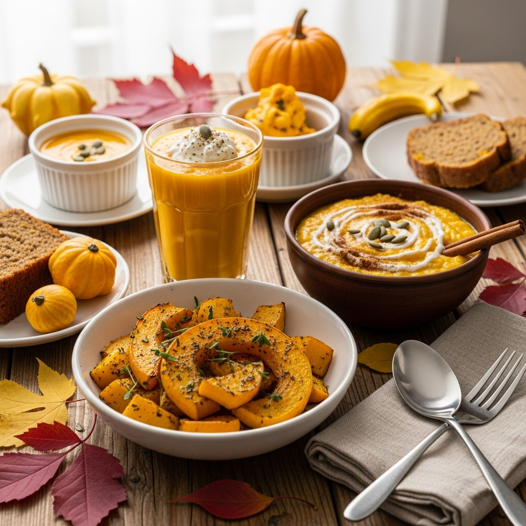 Variety of pumpkin dishes arranged on table including roasted pumpkin pieces, pumpkin porridge, and pumpkin smoothie, healthy meal preparation concept, natural colors 단호박의 놀라운 건강 효과 7가지와 올바른 섭취법