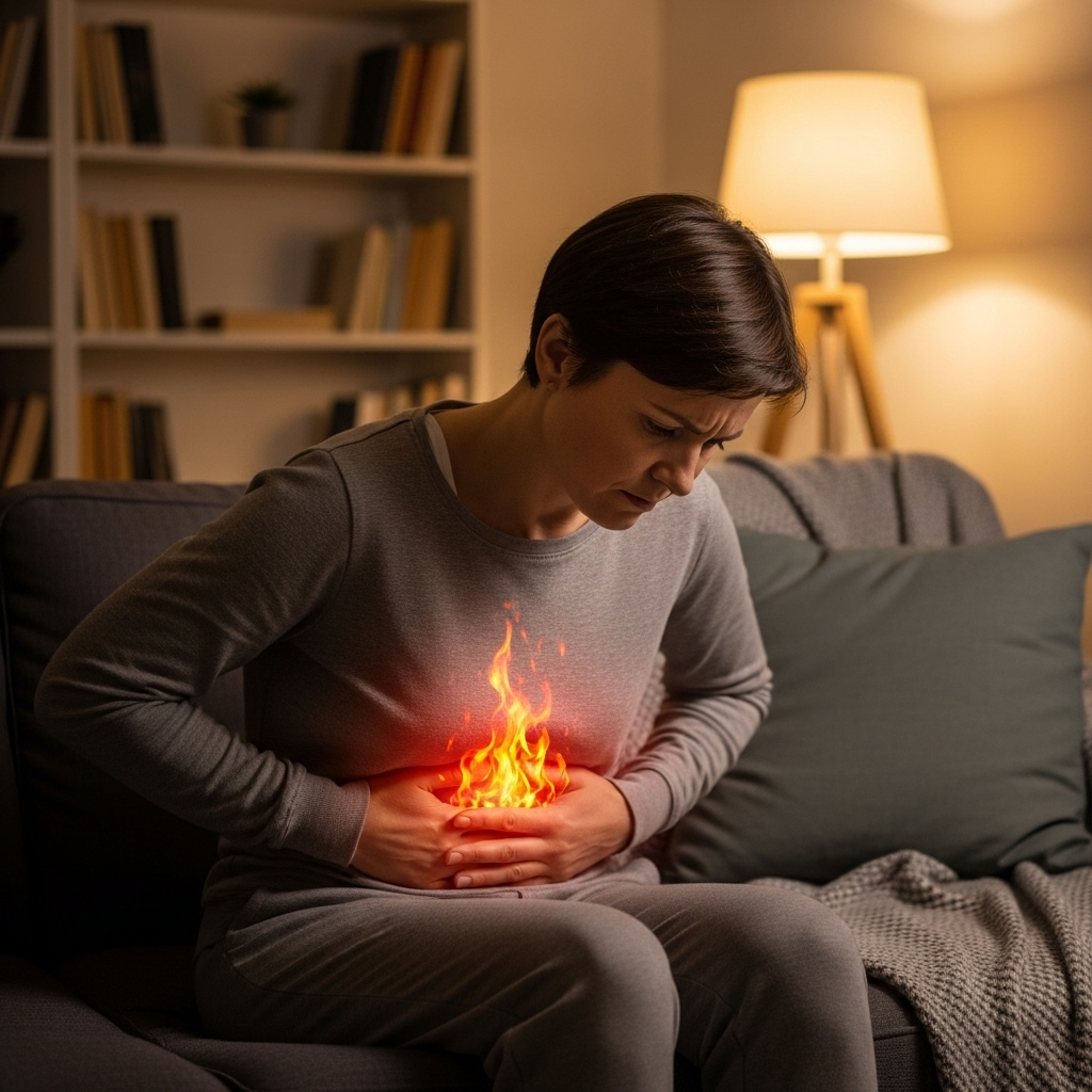 A person holding their stomach in discomfort, with a subtle fiery graphic overlay to represent heartburn. The setting is a cozy home environment, indicating a common daily struggle. The person is an adult, gender-neutral, with a concerned but not overly distressed expression. The style is soft and inviting, not clinical. 속쓰림 원인 5가지: 위가 쓰릴 때 무심코 넘기면 안 되는 이유
