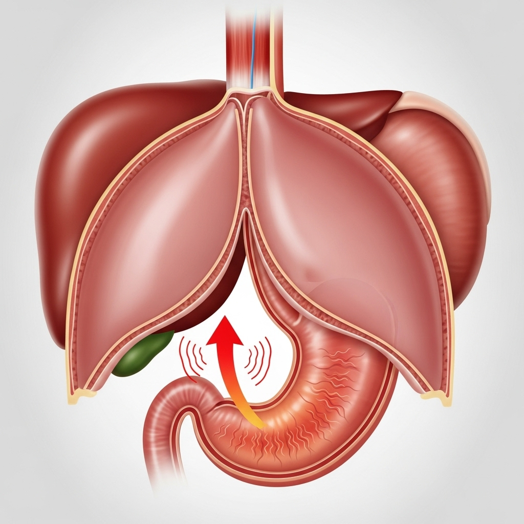 A cross-section diagram of the human upper digestive system, showing the esophagus, stomach, and diaphragm. An arrow indicates gastric acid flowing from the stomach up into the esophagus, with a subtle burning sensation depicted in the esophageal lining. No text on the image. 속쓰림 원인 5가지: 위가 쓰릴 때 무심코 넘기면 안 되는 이유