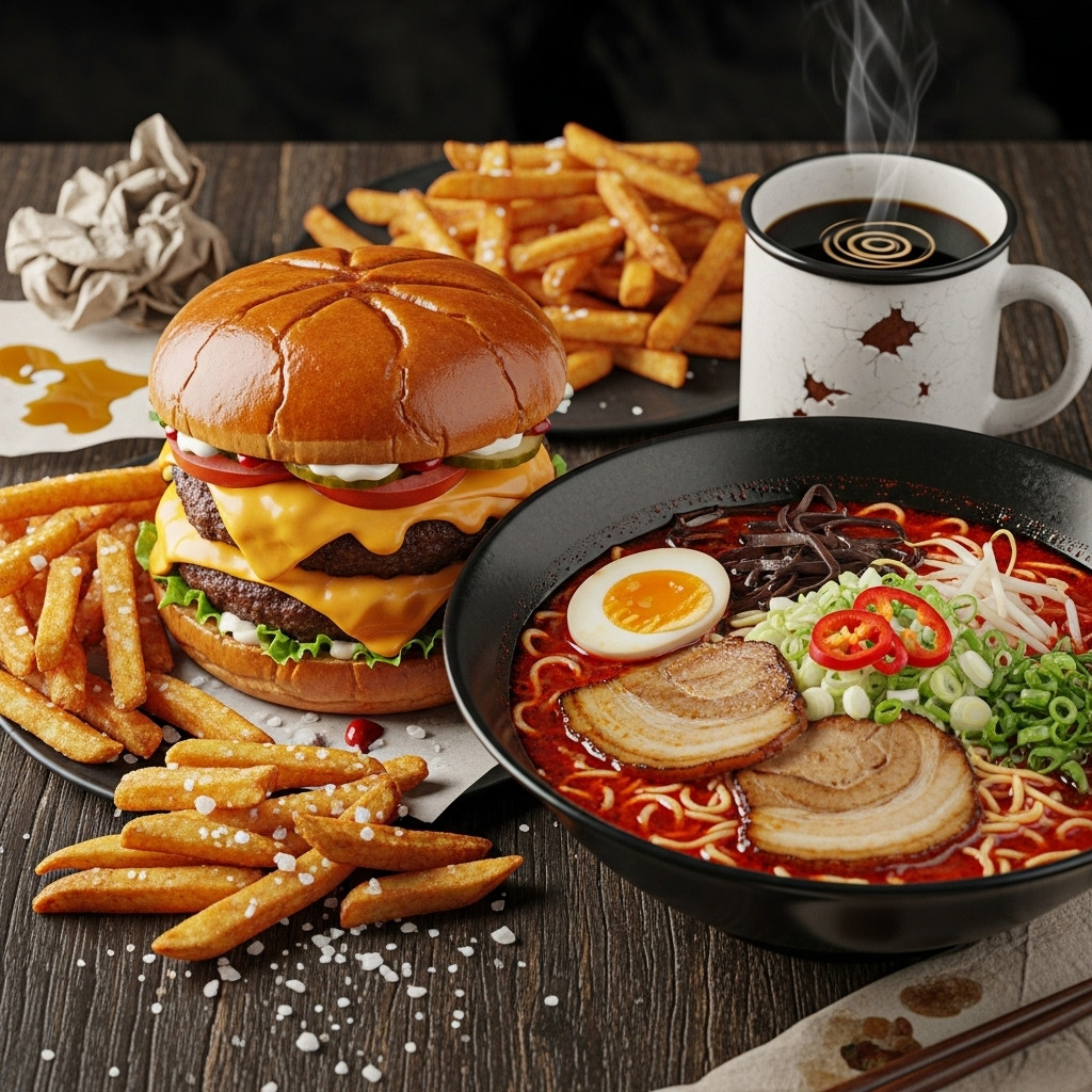 A variety of unhealthy foods such as a greasy burger, french fries, a spicy ramen bowl, and a cup of coffee, arranged on a table. The colors are vibrant but the overall impression suggests excess and potential discomfort. No people in the image. 속쓰림 원인 5가지: 위가 쓰릴 때 무심코 넘기면 안 되는 이유