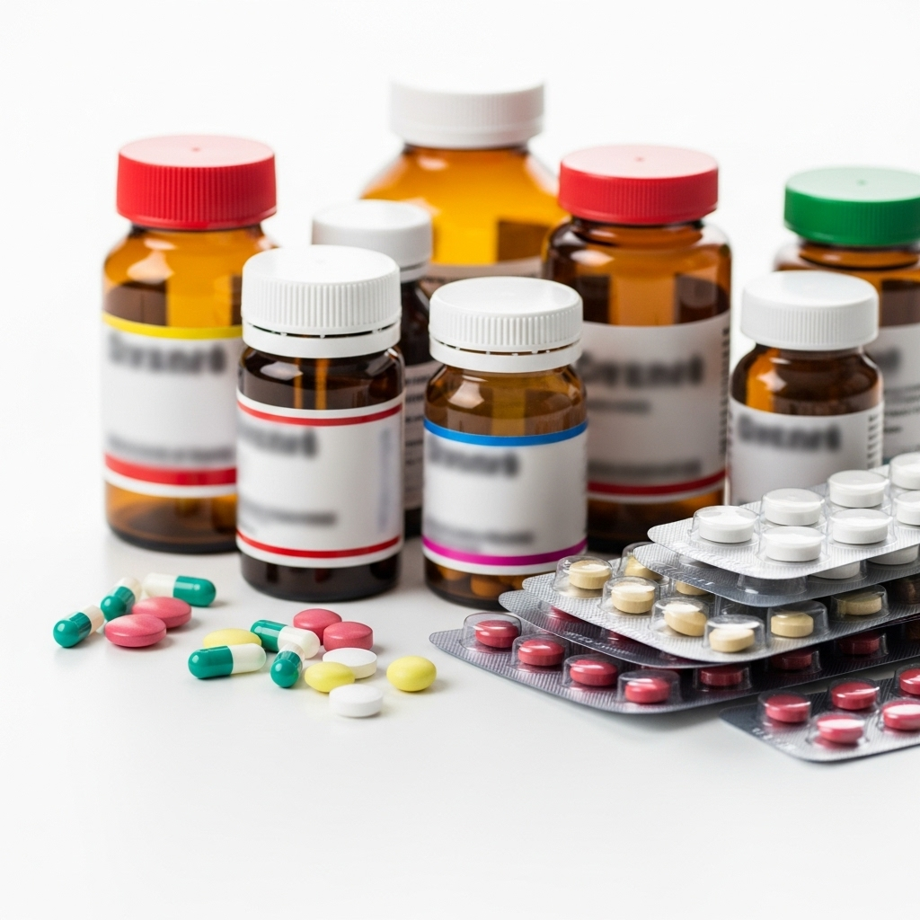 Various common medicine bottles and blister packs arranged neatly on a clean white surface. Some pills are spilled out. The focus is on the general concept of medication, not specific brands or types. 속쓰림 원인 5가지: 위가 쓰릴 때 무심코 넘기면 안 되는 이유