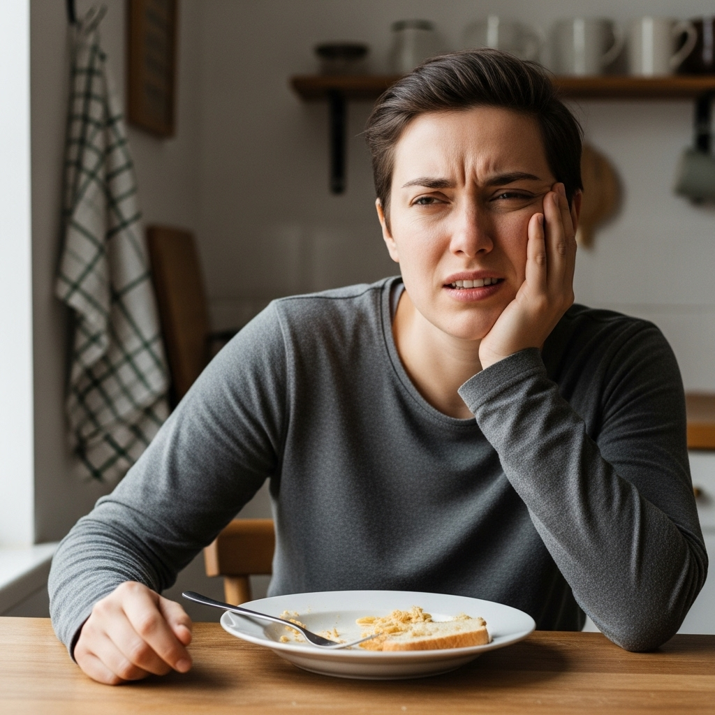 A person looking distressed while eating a meal, holding their cheek. The image should convey discomfort and pain, but not overtly negative. The background is a simple home setting. No text on the image. 지긋지긋한 구내염, 원인부터 빠르게 낫는 5가지 비법!