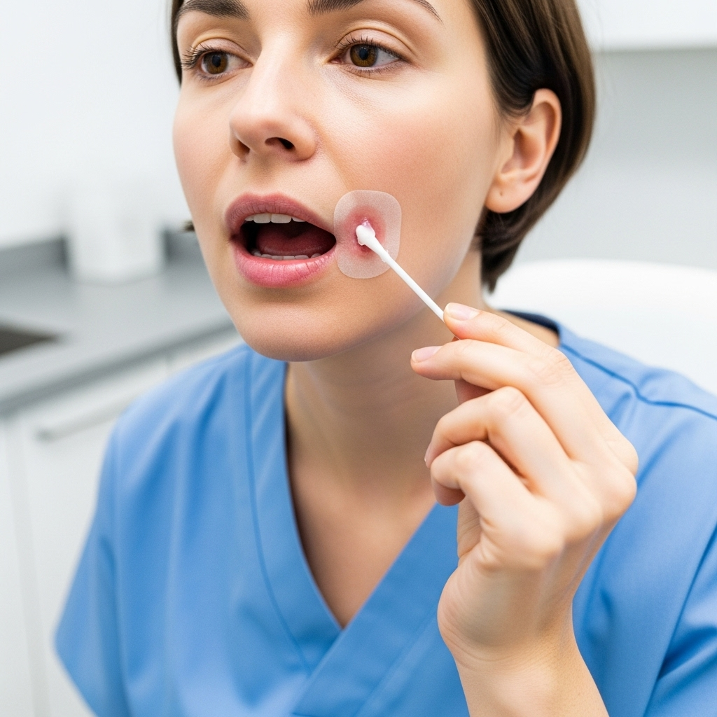 A person gently applying an oral ulcer patch or gel to their inner cheek using a cotton swab. The setting is clean and medical-like, focusing on the application process. No text on the image.