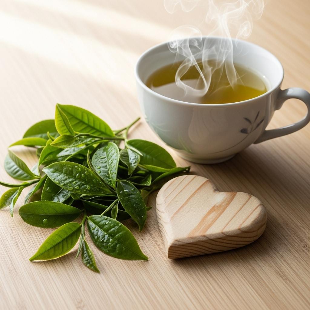 A peaceful morning scene with a steaming cup of green tea next to fresh green tea leaves and a heart-shaped wooden decoration on a light wooden surface 녹차의 놀라운 건강 효과 7가지, 단순한 음료가 아니었네요