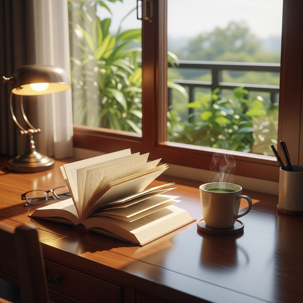 A cozy study corner with an open book, a warm cup of green tea, and soft natural light streaming through a window with green plants in the background 녹차의 놀라운 건강 효과 7가지, 단순한 음료가 아니었네요