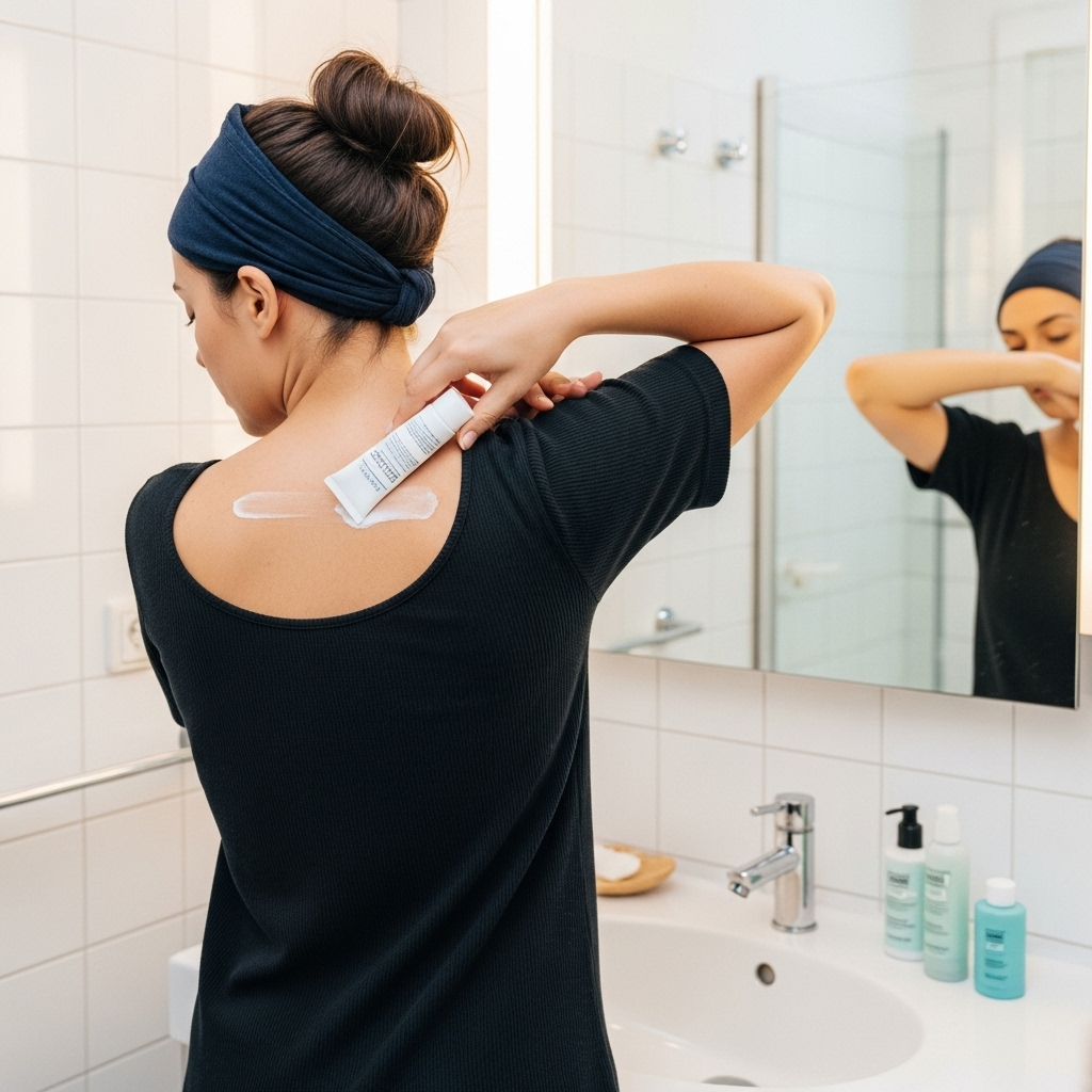 Person applying skincare treatment to back area, showing the difficulty of reaching certain body areas, clean bathroom setting 여드름 흉터까지 예방하는 피부 관리 필수템 7가지 완전 정복