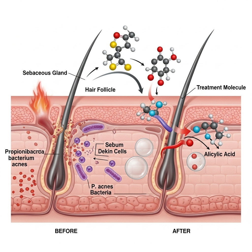 Scientific illustration showing acne treatment mechanism with before and after comparison, molecular structure visualization 여드름 흉터까지 예방하는 피부 관리 필수템 7가지 완전 정복