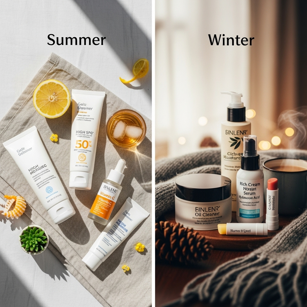 Seasonal skincare routine showing different products for summer and winter, natural lighting with seasonal elements 여드름 흉터까지 예방하는 피부 관리 필수템 7가지 완전 정복