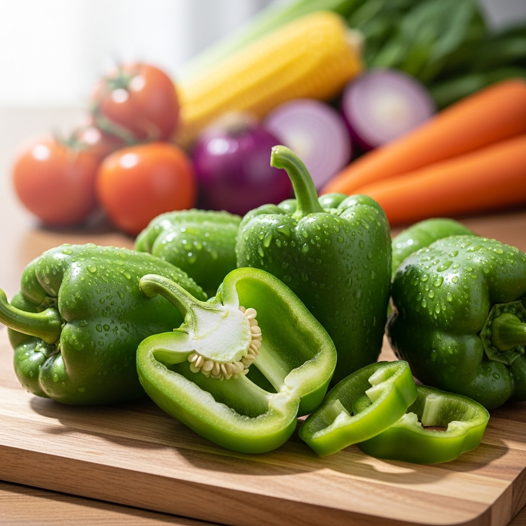 Fresh green bell peppers on a wooden cutting board with colorful vegetables in the background, natural lighting, healthy food photography style 달콤한 피망의 숨겨진 건강 비밀 7가지와 올바른 섭취법