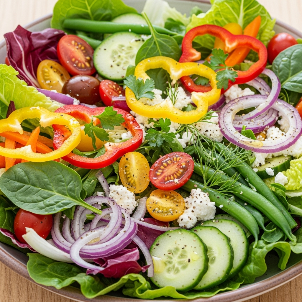 A healthy salad bowl with sliced bell peppers, fresh greens, and other colorful vegetables, appetizing food styling 달콤한 피망의 숨겨진 건강 비밀 7가지와 올바른 섭취법