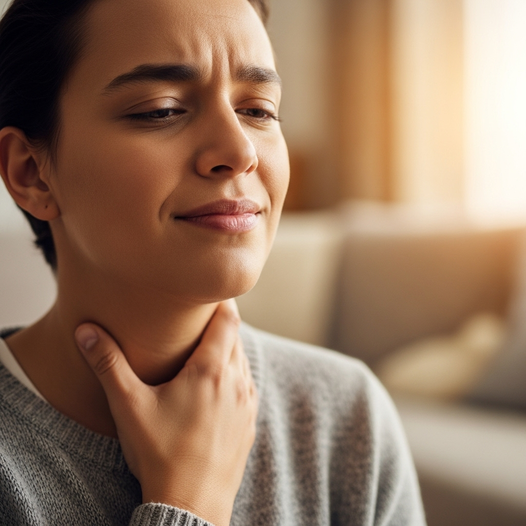 A person gently holding their throat, looking slightly uncomfortable but also hopeful, with a soft, warm light surrounding them. The background is blurred, suggesting a home environment. The image should convey a sense of minor discomfort from a sore throat but also the possibility of relief and comfort. No text in the image. 목감기 빨리 낫는 비법! 목 통증 완화 돕는 음식 BEST 7