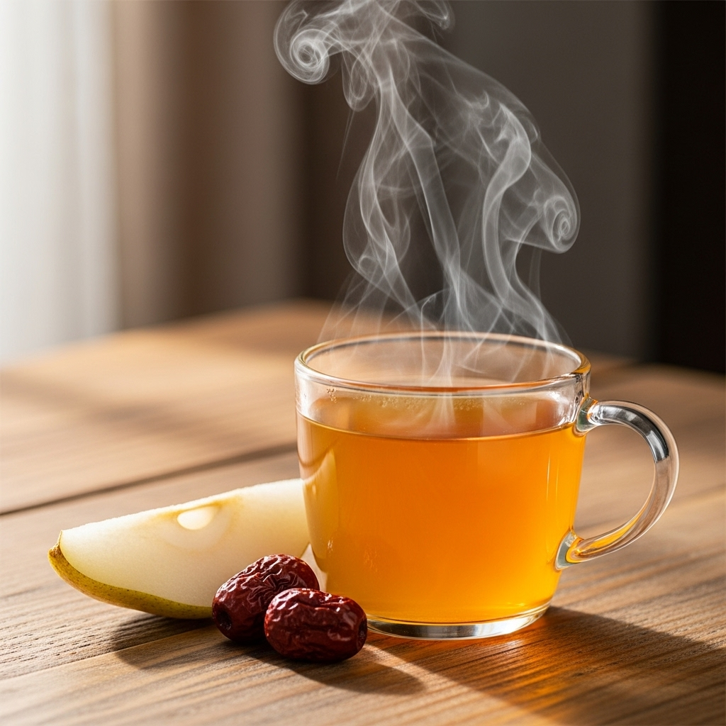 A steaming cup of golden honey-ginger tea next to a slice of pear and a few jujubes on a wooden table. The steam rises gently, creating a cozy and comforting atmosphere. Soft natural light illuminates the scene. No text in the image. 목감기 빨리 낫는 비법! 목 통증 완화 돕는 음식 BEST 7