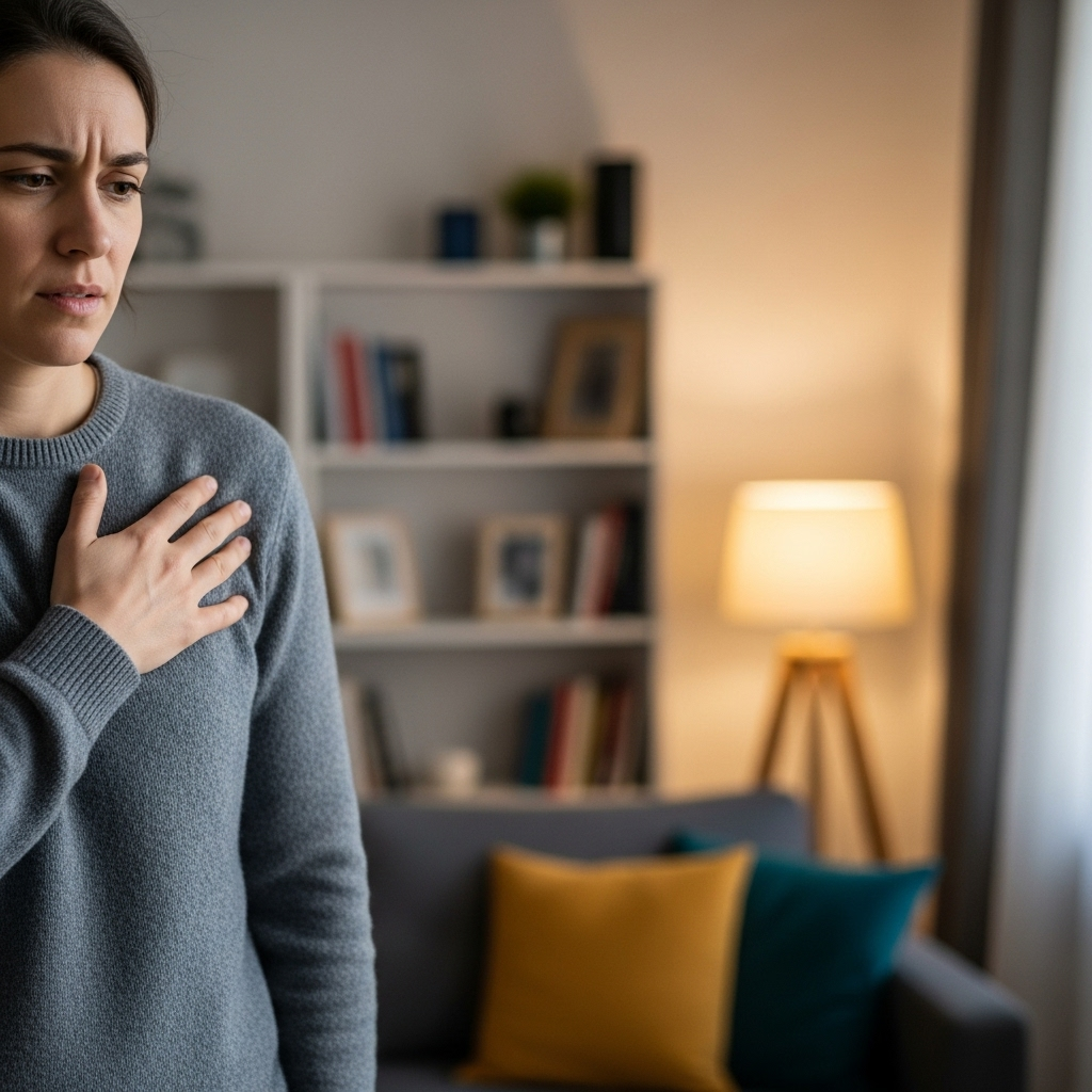 A person feeling a slight shortness of breath, perhaps gently touching their chest, with a subtle look of concern. The background is a soft, warm living room setting, conveying a sense of everyday life. No text in the image. 숨이 잘 안 쉬어져요? 답답함 뒤에 숨은 7가지 의외의 원인과 해결책!