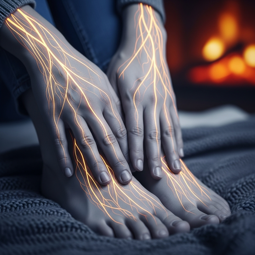 A person's hands and feet are shown in a slightly bluish tint, with warm, glowing lines representing blood circulation. The background is soft and cozy, perhaps a warm blanket or a fireplace, conveying both the coldness and the desire for warmth. Focus on realistic, gentle depiction without any text. 늘 시린 손발, 수족냉증 원인과 따뜻하게 만드는 6가지 비법