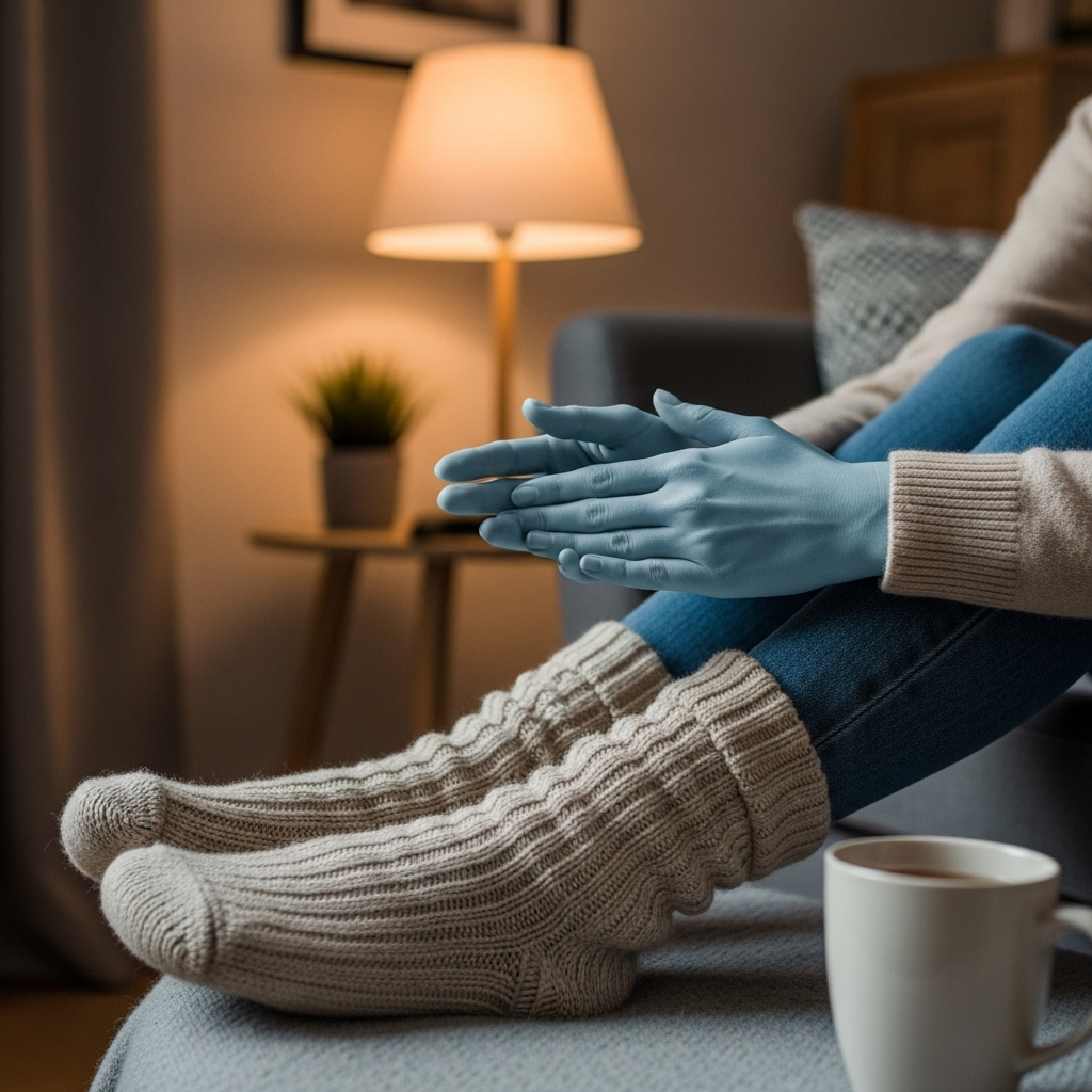 A person gently massaging their cold hands, which are slightly bluish, while wearing warm, thick socks. The background is a cozy living room with soft lighting, emphasizing comfort and self-care. Focus on warmth and gentle movement. 늘 시린 손발, 수족냉증 원인과 따뜻하게 만드는 6가지 비법