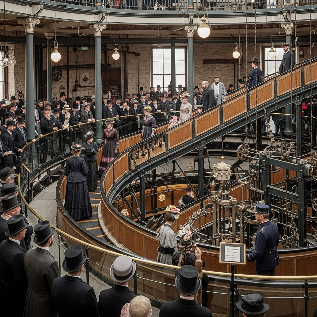 early circular escalator prototype with curved moving platform, vintage industrial setting with Victorian era people watching in amazement 에스컬레이터의 놀라운 발명 역사 5가지 핵심 포인트