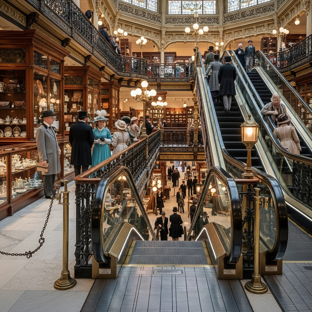 elegant Victorian-era department store interior with ornate escalator, well-dressed customers in period clothing, luxury shopping atmosphere 에스컬레이터의 놀라운 발명 역사 5가지 핵심 포인트
