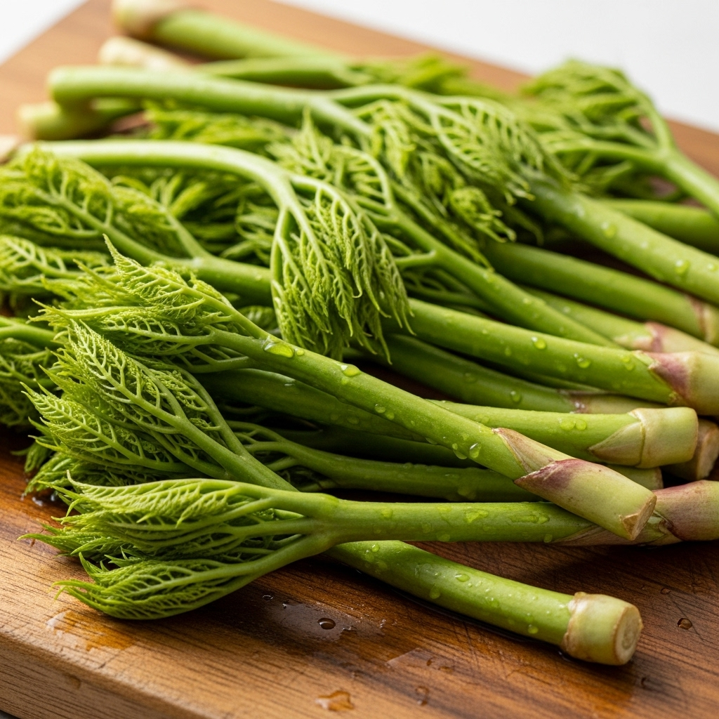 Fresh green Korean aralia shoots (dureup) on wooden cutting board in bright kitchen lighting, natural and healthy food photography 봄나물 두릅효능 7가지 총정리: 피로회복부터 면역력까지