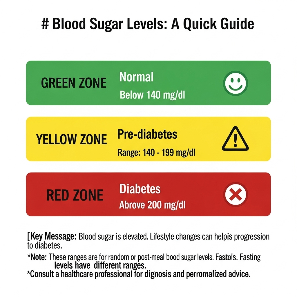 A simplified infographic showing three categories of blood sugar levels: "Normal (Green zone, below 140mg/dl)", "Pre-diabetes (Yellow zone, 140-199mg/dl)", and "Diabetes (Red zone, above 200mg/dl)". The design is clean and easy to understand. 식후 2시간 혈당 수치, 140mg/dl 넘으면 위험해요! 5가지 관리 팁