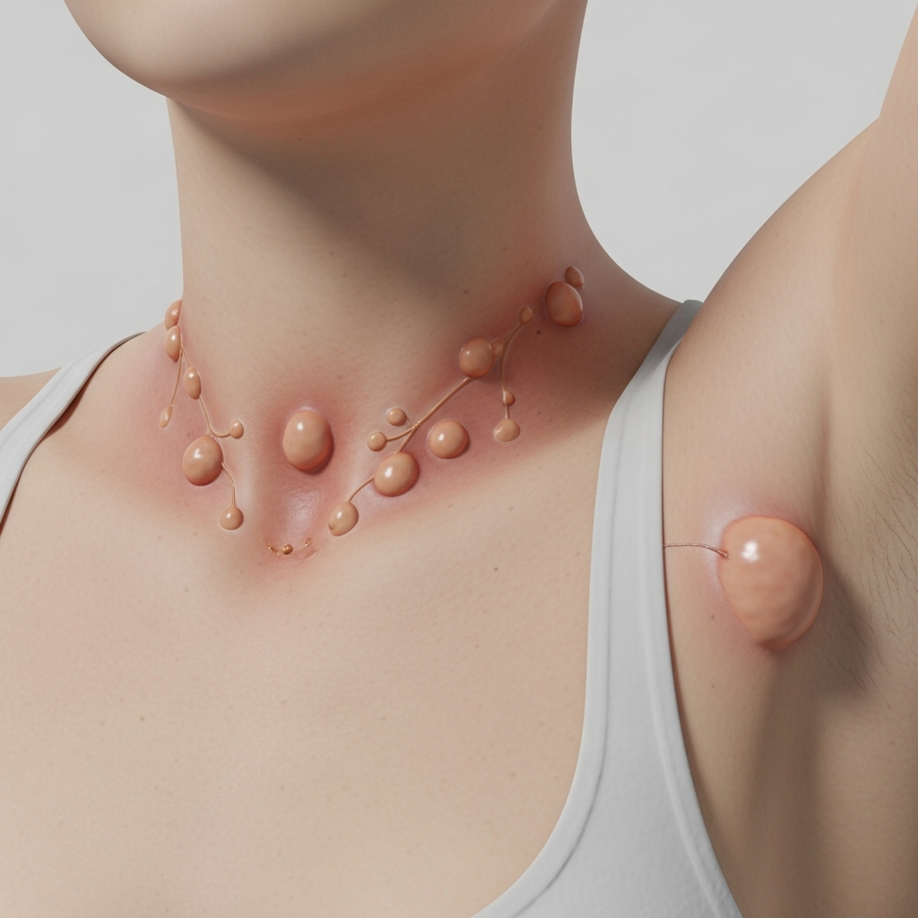 A close-up illustration of the human neck and armpit regions, highlighting swollen lymph nodes in a realistic medical style, without text 임파선염 증상과 원인, 빨리 알아야 할 7가지 핵심