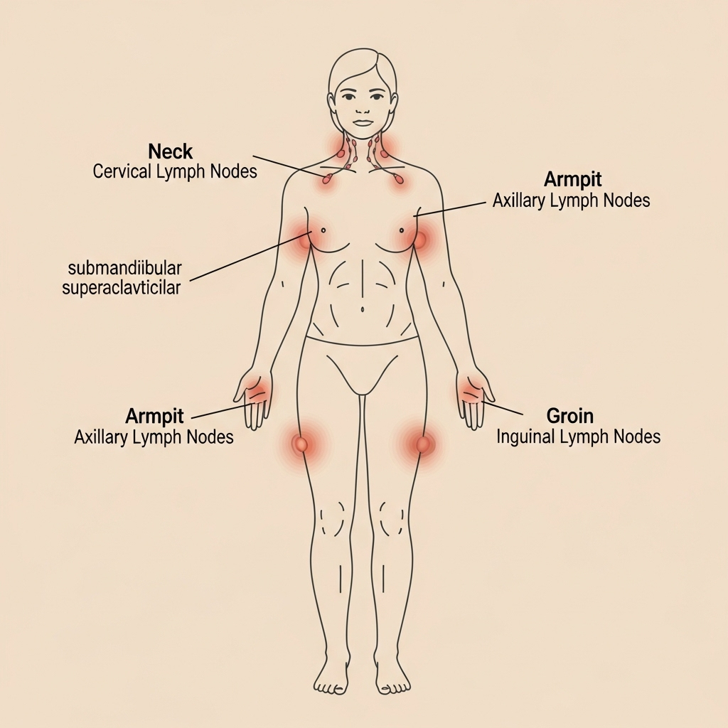 Medical diagram showing inflamed lymph nodes on the human body, focusing on neck, armpit, and groin, neutral color palette, no letters or words 임파선염 증상과 원인, 빨리 알아야 할 7가지 핵심