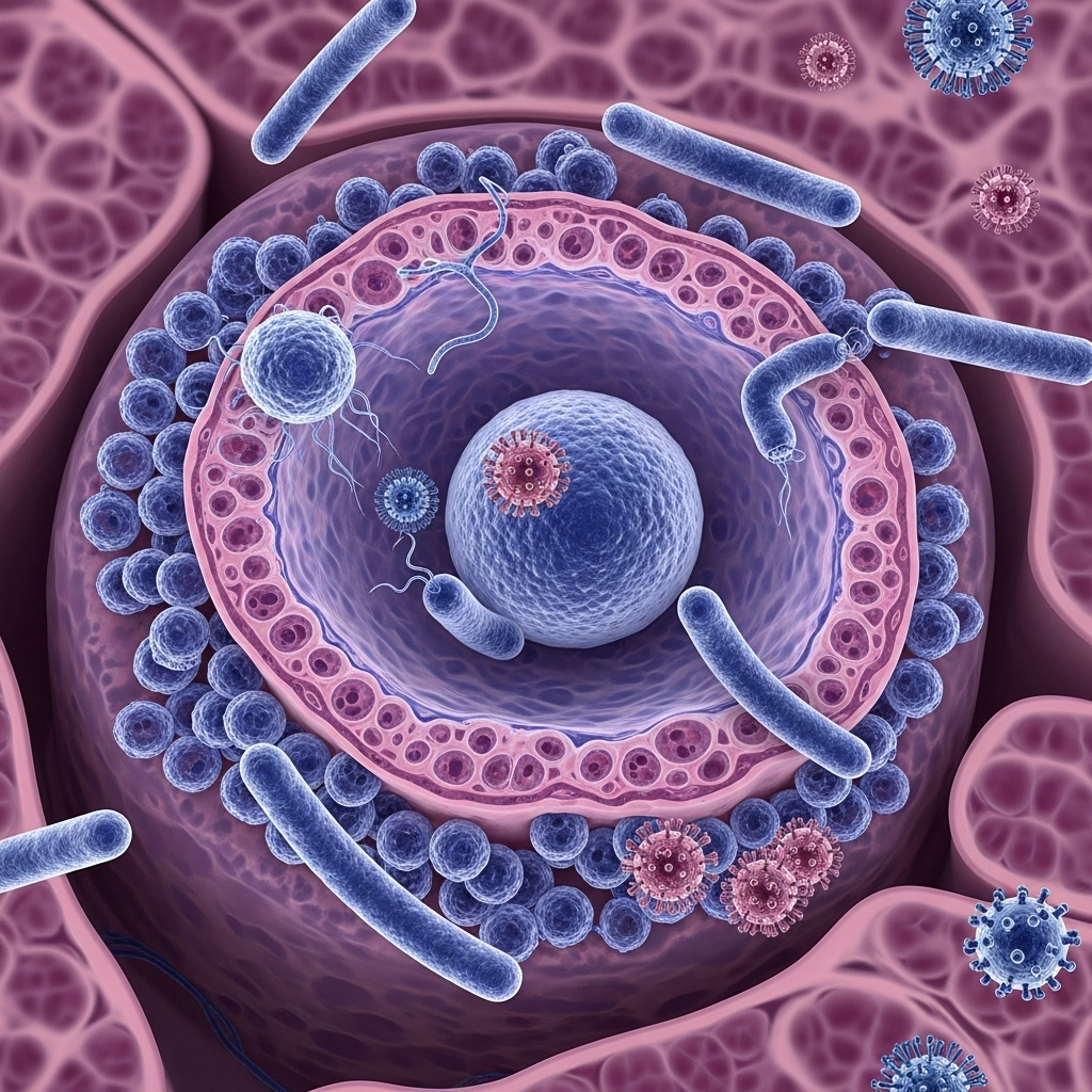 Medical illustration of bacteria and viruses attacking lymph nodes, macro close-up, scientific accuracy, without any text 임파선염 증상과 원인, 빨리 알아야 할 7가지 핵심