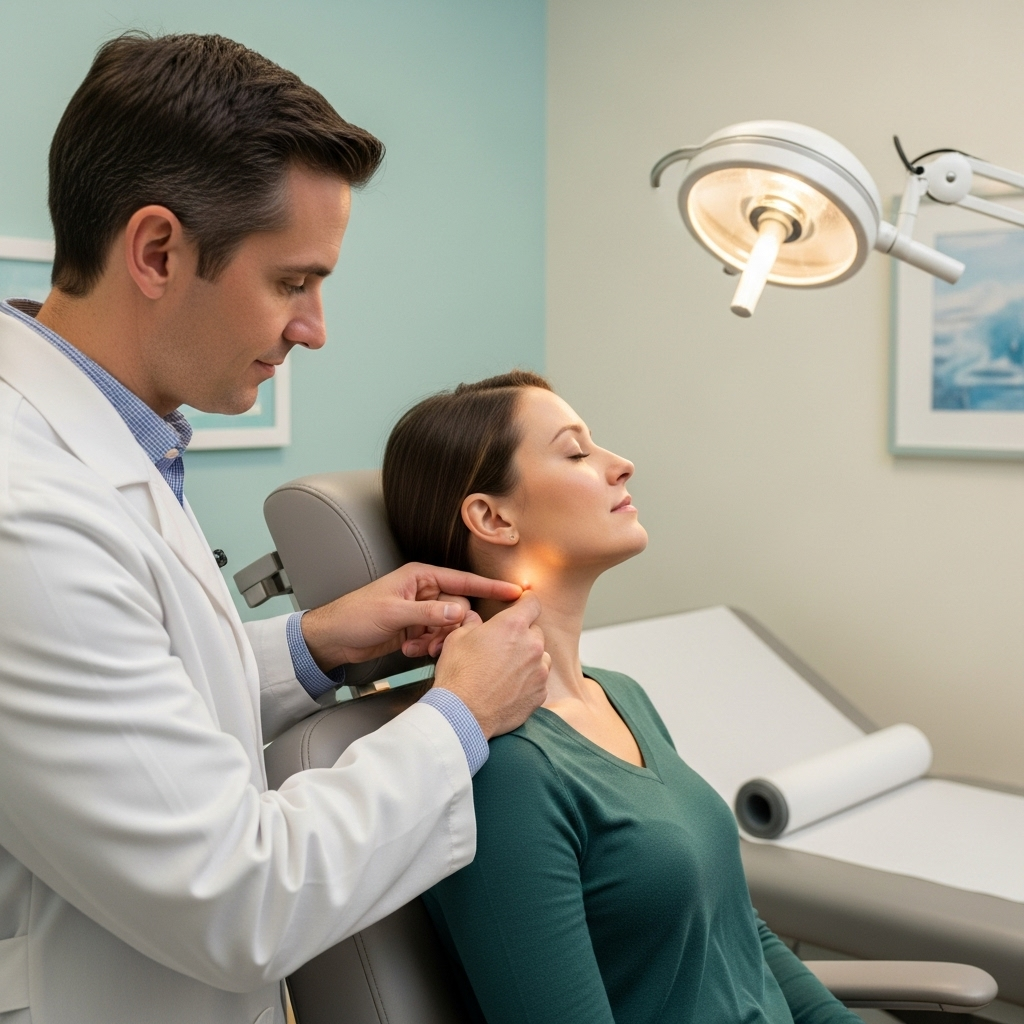 Doctor examining a patient’s swollen neck lymph node with gentle touch, professional clinical setting, clear focus, no text 임파선염 증상과 원인, 빨리 알아야 할 7가지 핵심