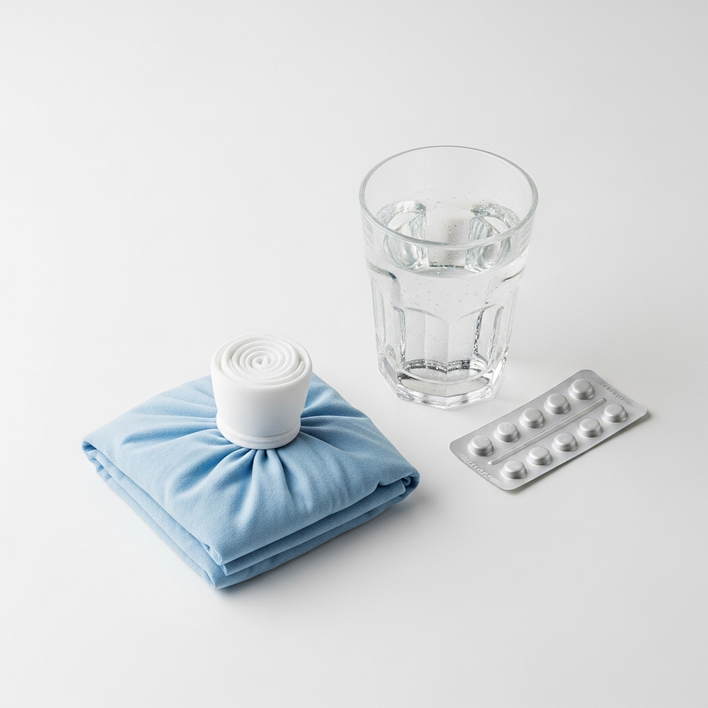 Flat lay view of a fabric compress, glass of water, and over-the-counter medication neatly arranged, minimalist background 임파선염 증상과 원인, 빨리 알아야 할 7가지 핵심
