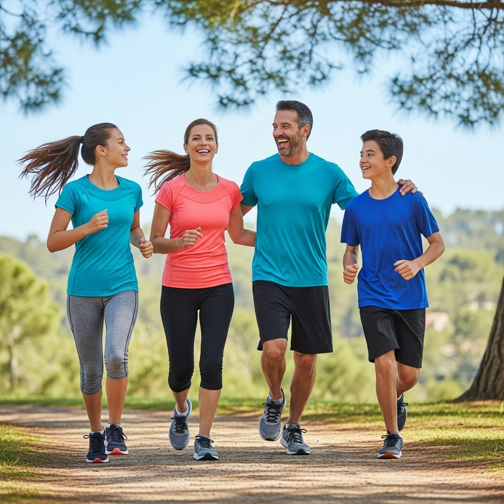 Cheerful family outdoors, wearing light sportswear, jogging and laughing, emphasizing vitality and health, no words 임파선염 증상과 원인, 빨리 알아야 할 7가지 핵심