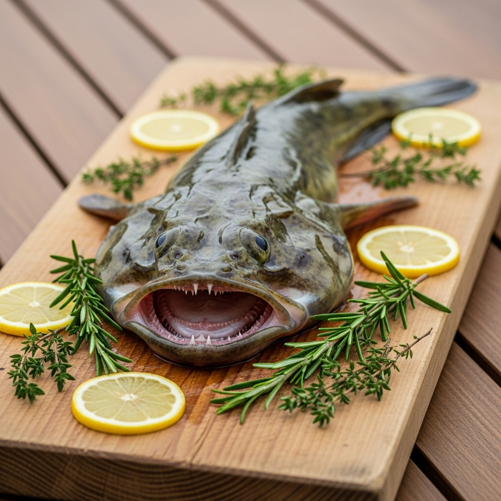 Monkfish lying on a rustic wooden board, showing its wide mouth and teeth, surrounded by fresh herbs and lemon slices, soft daylight 아귀 효능과 부작용, 건강하게 즐기는 7가지 팁