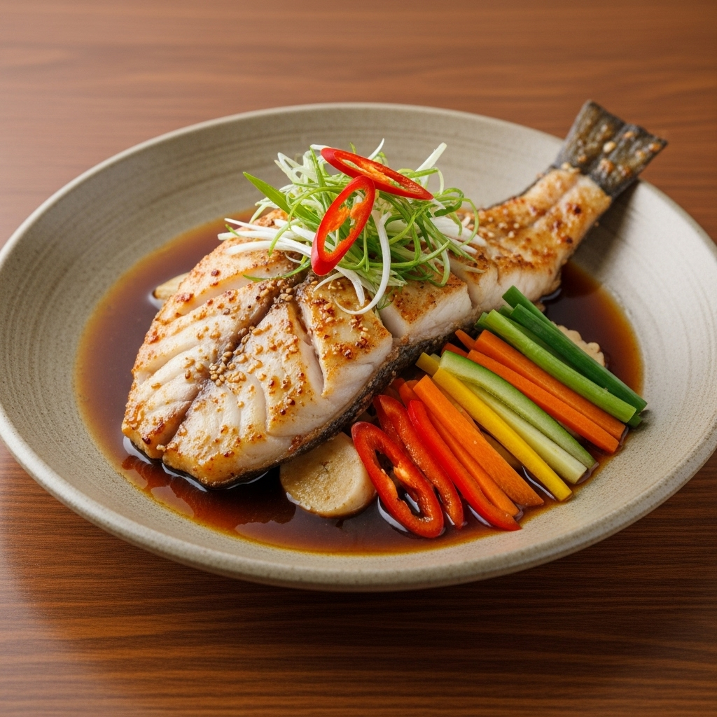 Cooked monkfish dish on a traditional Korean plate, garnished with sliced chili and vegetables, set on an elegant wooden table 아귀 효능과 부작용, 건강하게 즐기는 7가지 팁