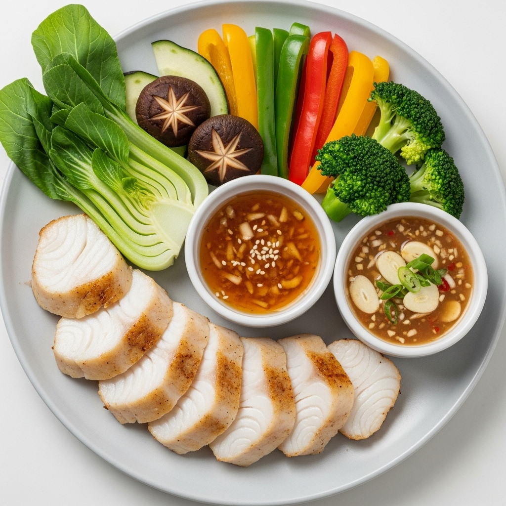 Monkfish cooked and sliced, presented with fresh vegetables and dipping sauces, reflecting a healthy Korean meal 아귀 효능과 부작용, 건강하게 즐기는 7가지 팁