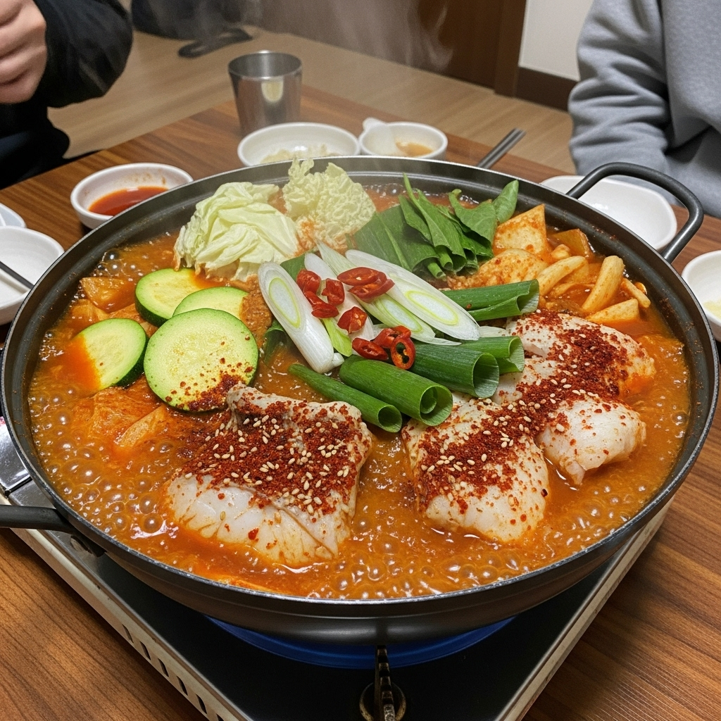 Steaming monkfish stew in a large black pot, rich red broth with vegetables, steam rising, inviting Korean home meal setting 아귀 효능과 부작용, 건강하게 즐기는 7가지 팁