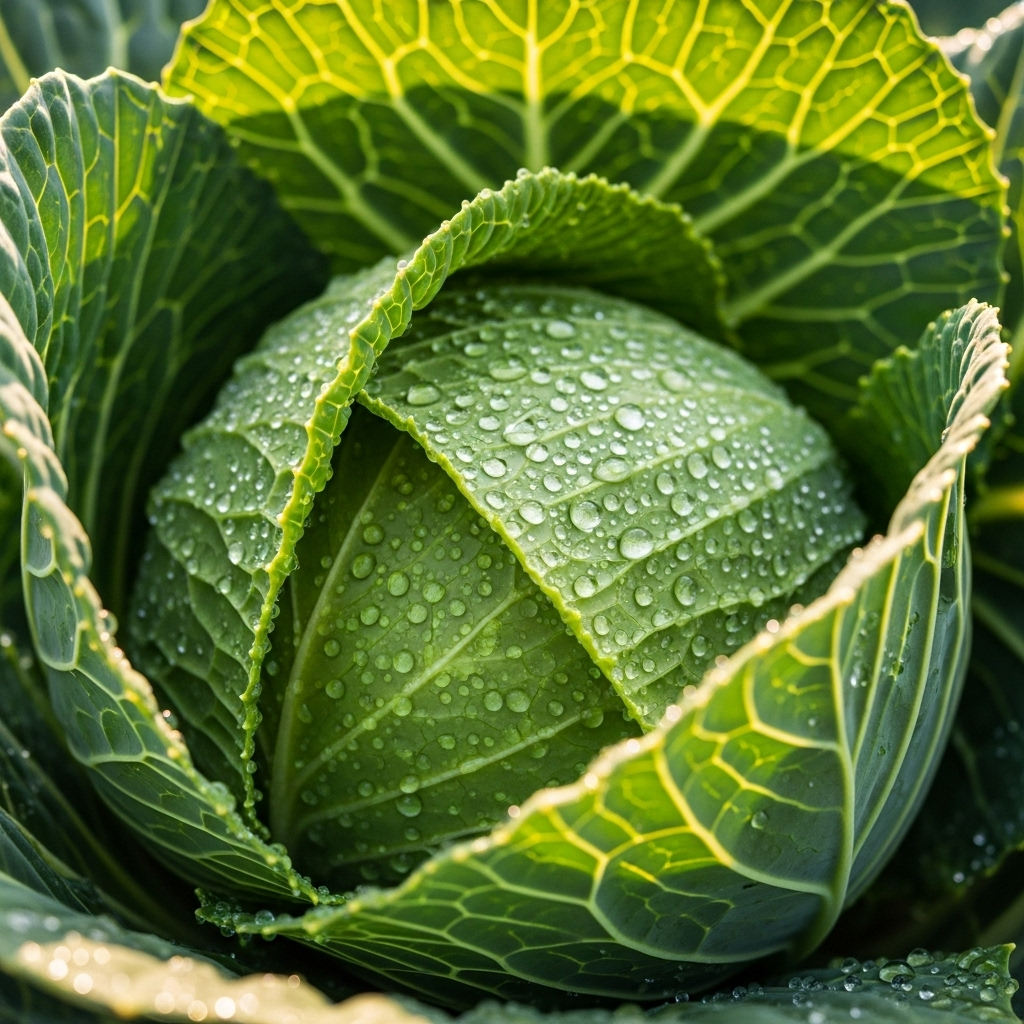 Macro shot of cabbage leaves glistening with tiny water droplets, sunlight filtering through creating a lively atmosphere. 생양배추 효능, 매일 먹으면 놀라운 건강 변화 5가지