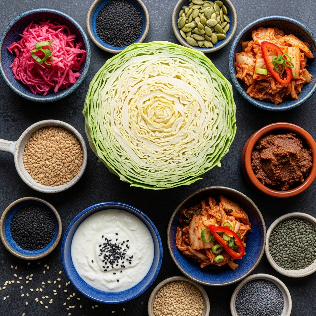 Cabbage cut open to show its layers, surrounded by small dishes of fermented foods and seeds, top-down composition with vivid colors. 생양배추 효능, 매일 먹으면 놀라운 건강 변화 5가지