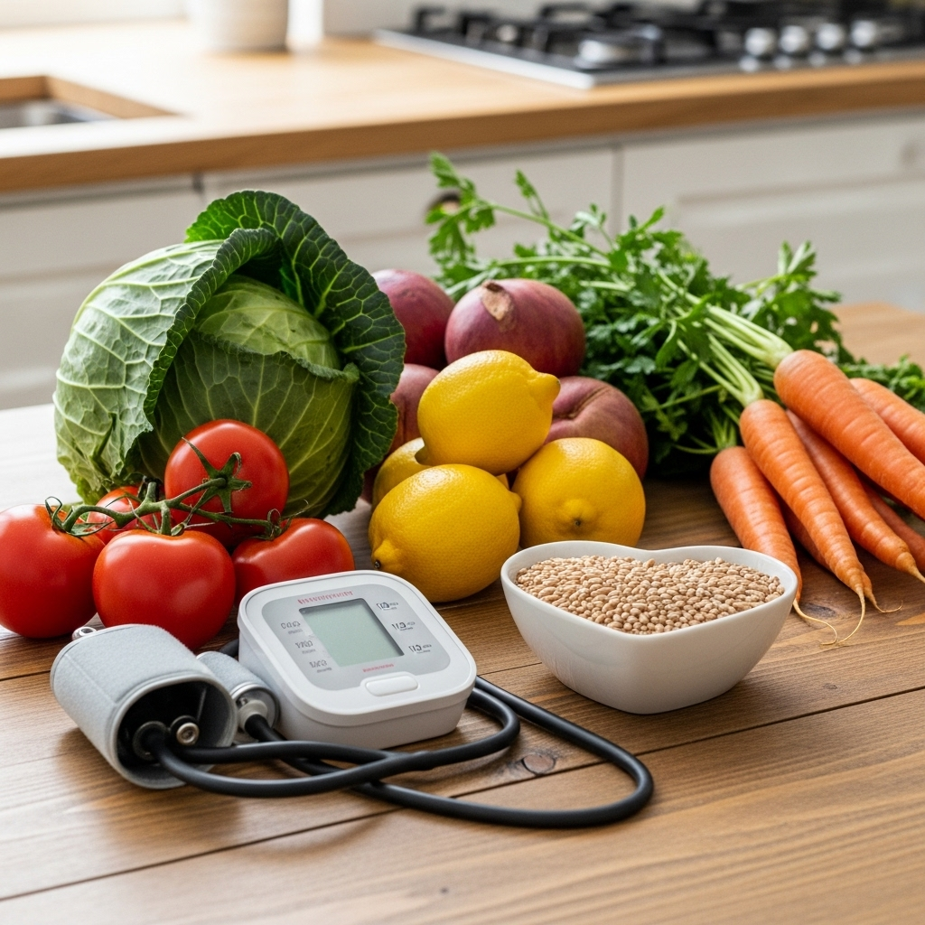 Cabbage among a range of colorful fruits and vegetables, with a blood pressure monitor and heart-shaped bowl, captured in a bright, healthy kitchen. 생양배추 효능, 매일 먹으면 놀라운 건강 변화 5가지