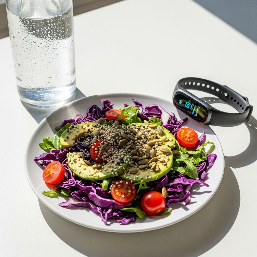 Plate full of fresh cabbage salad with cherry tomatoes, avocado and seeds, placed next to a fitness tracker and water bottle, vibrant daylight. 생양배추 효능, 매일 먹으면 놀라운 건강 변화 5가지